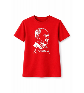 Kız Çocuk Atatürk Baskılı Tişört Kısa Kollu Bisiklet Yaka T-Shirt - Kırmızı