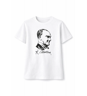 Erkek Çocuk Atatürk Baskılı Tişört Kısa Kollu Bisiklet Yaka T-Shirt - Beyaz