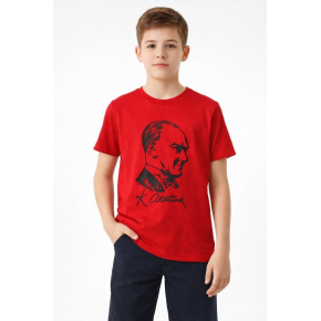 Erkek Çocuk Atatürk Baskılı Tişört Kısa Kollu Bisiklet Yaka T-Shirt - Kırmızı