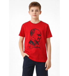 Erkek Çocuk Atatürk Baskılı Tişört Kısa Kollu Bisiklet Yaka T-Shirt - Kırmızı