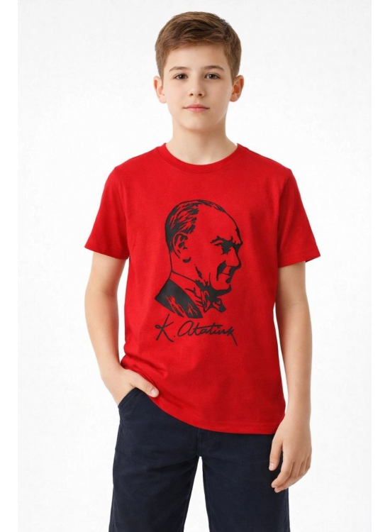 Erkek Çocuk Atatürk Baskılı Tişört Kısa Kollu Bisiklet Yaka T-Shirt - Kırmızı Erkek Çocuk Atatürk Baskılı Tişört Kısa Kollu Bisiklet Yaka T-Shirt - Kırmızı