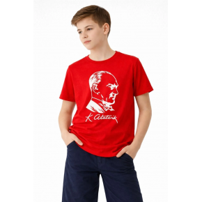 Erkek Çocuk Atatürk Baskılı Tişört Kısa Kollu Bisiklet Yaka T-Shirt - Kırmızı