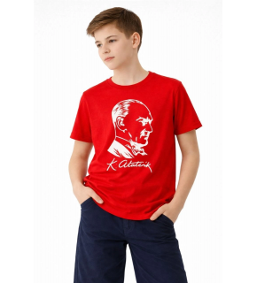 Erkek Çocuk Atatürk Baskılı Tişört Kısa Kollu Bisiklet Yaka T-Shirt - Kırmızı