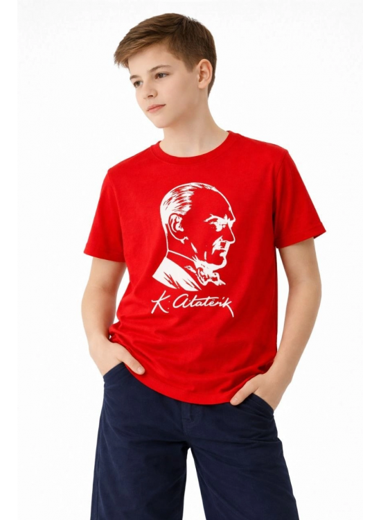 Erkek Çocuk Atatürk Baskılı Tişört Kısa Kollu Bisiklet Yaka T-Shirt - Kırmızı Erkek Çocuk Atatürk Baskılı Tişört Kısa Kollu Bisiklet Yaka T-Shirt - Kırmızı