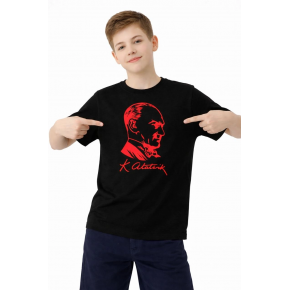 Erkek Çocuk Atatürk Baskılı Tişört Kısa Kollu Bisiklet Yaka T-Shirt - Siyah