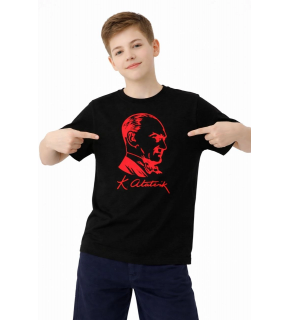 Erkek Çocuk Atatürk Baskılı Tişört Kısa Kollu Bisiklet Yaka T-Shirt - Siyah