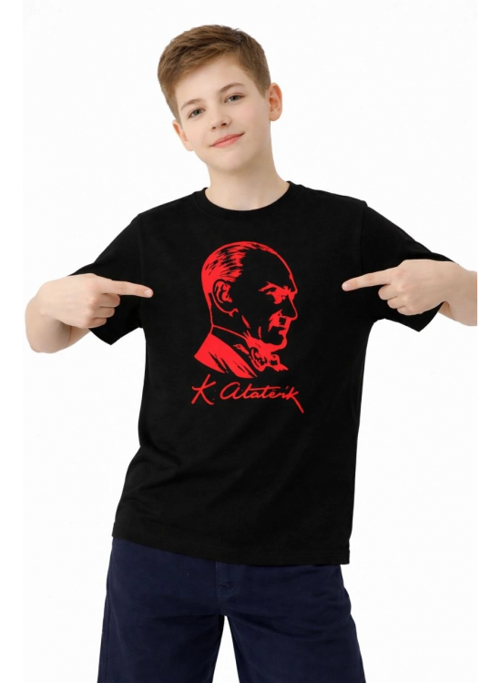 Erkek Çocuk Atatürk Baskılı Tişört Kısa Kollu Bisiklet Yaka T-Shirt - Siyah