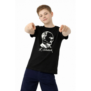 Erkek Çocuk Atatürk Baskılı Tişört Kısa Kollu Bisiklet Yaka T-Shirt - Siyah