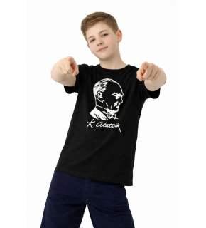 Erkek Çocuk Atatürk Baskılı Tişört Kısa Kollu Bisiklet Yaka T-Shirt - Siyah