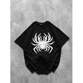 Erkek Örümcek Baskılı Tişört Kısa Kollu Bisiklet Yaka T-Shirt - Siyah