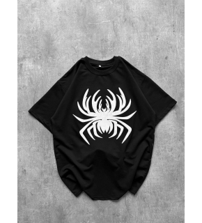Erkek Örümcek Baskılı Tişört Kısa Kollu Bisiklet Yaka T-Shirt - Siyah