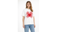 Kadın Örümcek Baskılı Tişört Kısa Kollu Bisiklet Yaka T-Shirt - Beyaz