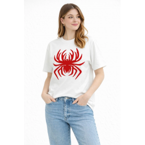 Kadın Örümcek Baskılı Tişört Kısa Kollu Bisiklet Yaka T-Shirt - Beyaz