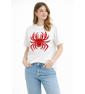 Kadın Örümcek Baskılı Tişört Kısa Kollu Bisiklet Yaka T-Shirt - Beyaz