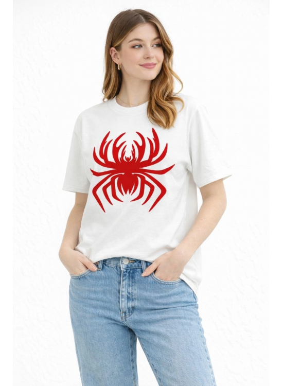 Kadın Örümcek Baskılı Tişört Kısa Kollu Bisiklet Yaka T-Shirt - Beyaz
