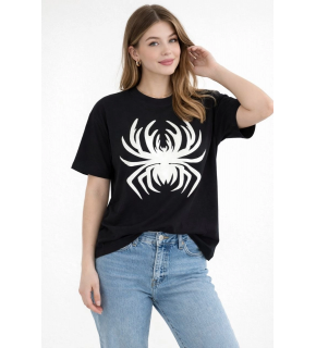 Kadın Örümcek Baskılı Tişört Kısa Kollu Bisiklet Yaka T-Shirt - Siyah