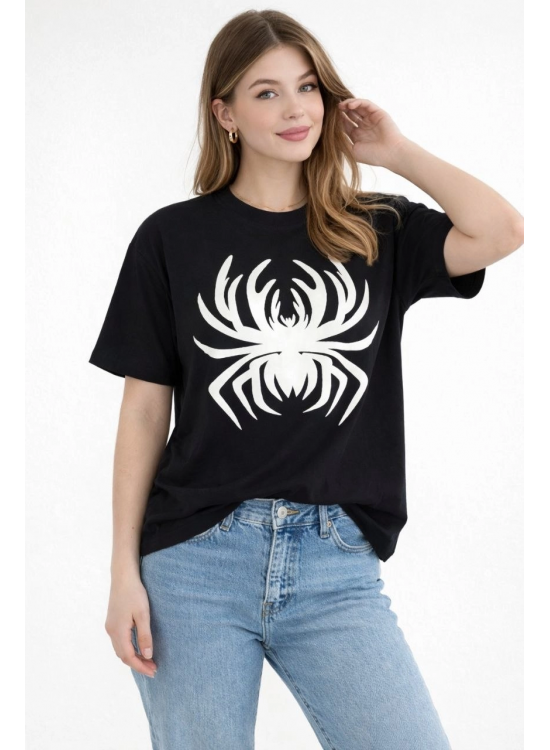 Kadın Örümcek Baskılı Tişört Kısa Kollu Bisiklet Yaka T-Shirt - Siyah Kadın Örümcek Baskılı Tişört Kısa Kollu Bisiklet Yaka T-Shirt - Siyah