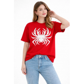 Kadın Örümcek Baskılı Tişört Kısa Kollu Bisiklet Yaka T-Shirt - Kırmızı