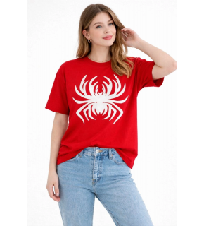 Kadın Örümcek Baskılı Tişört Kısa Kollu Bisiklet Yaka T-Shirt - Kırmızı