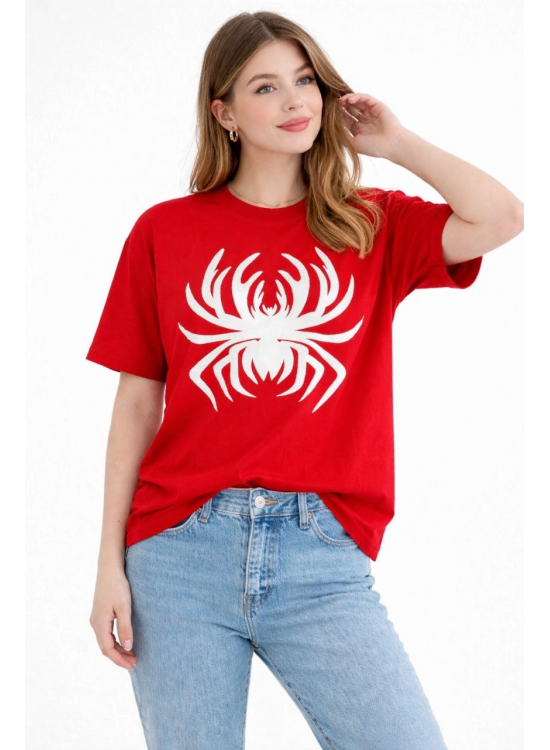 Kadın Örümcek Baskılı Tişört Kısa Kollu Bisiklet Yaka T-Shirt - Kırmızı Kadın Örümcek Baskılı Tişört Kısa Kollu Bisiklet Yaka T-Shirt - Kırmızı
