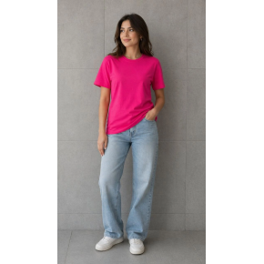 Kadın Basic Pamuklu Tişört Bisiklet Yaka Düz Renk Relaxed Fit T-Shirt - Fuşya
