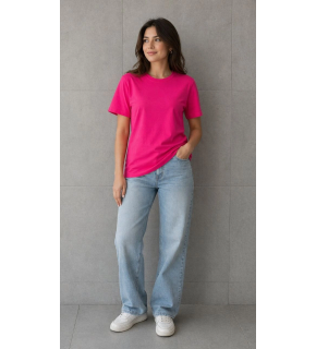 Kadın Basic Pamuklu Tişört Bisiklet Yaka Düz Renk Relaxed Fit T-Shirt - Fuşya