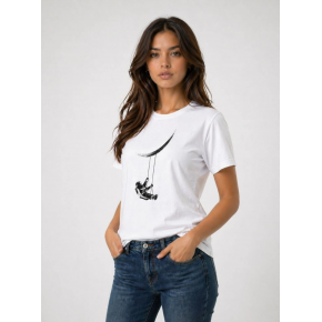 Kadın Astronot Ay Temalı Tişört Kısa Kol Yazlık Bisiklet Yaka T-Shirt - Beyaz