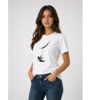Kadın Astronot Ay Temalı Tişört Kısa Kol Yazlık Bisiklet Yaka T-Shirt - Beyaz