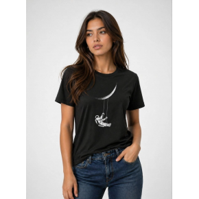 Kadın Astronot Ay Temalı Tişört Kısa Kol Yazlık Bisiklet Yaka T-Shirt - Siyah