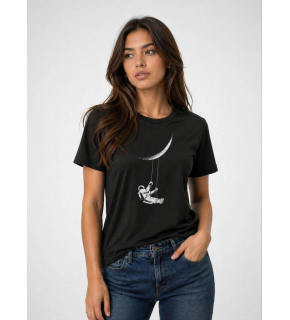 Kadın Astronot Ay Temalı Tişört Kısa Kol Yazlık Bisiklet Yaka T-Shirt - Siyah