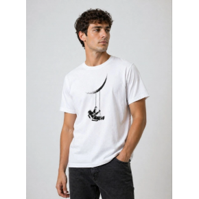 Erkek Astronot Ay Temalı Tişört Kısa Kol Yazlık Bisiklet Yaka T-Shirt - Beyaz