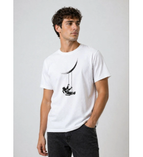 Erkek Astronot Ay Temalı Tişört Kısa Kol Yazlık Bisiklet Yaka T-Shirt - Beyaz