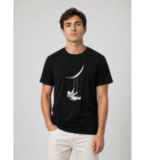 Erkek Astronot Ay Temalı Tişört Kısa Kol Yazlık Bisiklet Yaka T-Shirt - Siyah