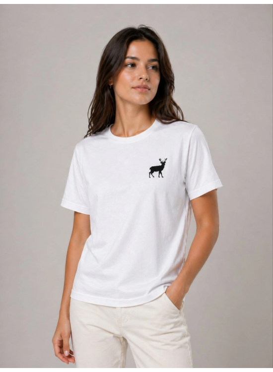 Kadın Minimal Geyik Logolu Tişört Bisiklet Yaka Kısa kol Yazlık T-Shirt - Beyaz Kadın Minimal Geyik Logolu Tişört Bisiklet Yaka Kısa kol Yazlık T-Shirt - Beyaz