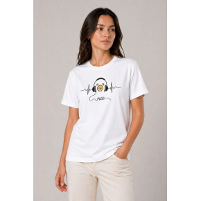 Kadın Müzik Temalı Baskılı Tişört Bisiklet Yaka Kısa Kol T-Shirt - Beyaz