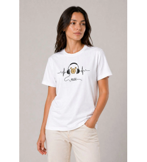 Kadın Müzik Temalı Baskılı Tişört Bisiklet Yaka Kısa Kol T-Shirt - Beyaz