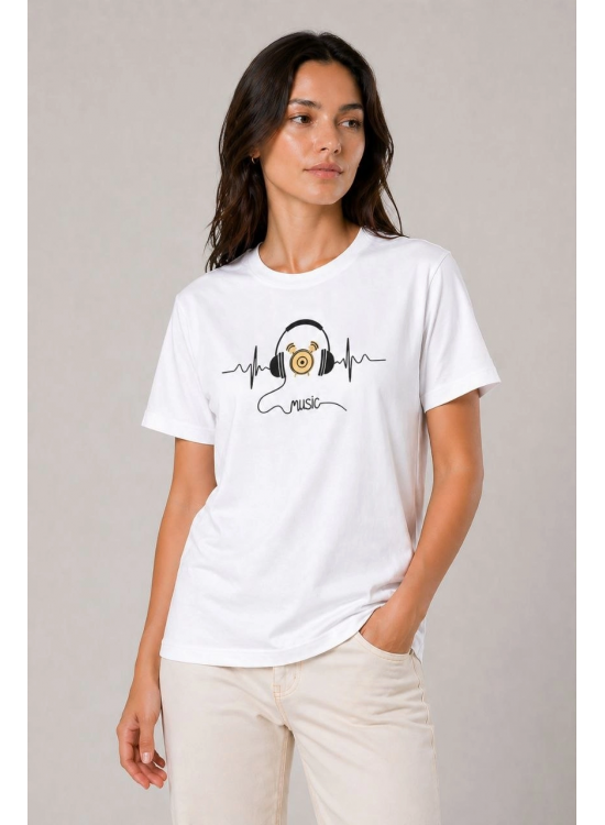 Kadın Müzik Temalı Baskılı Tişört Bisiklet Yaka Kısa Kol T-Shirt - Beyaz Kadın Müzik Temalı Baskılı Tişört Bisiklet Yaka Kısa Kol T-Shirt - Beyaz