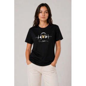 Kadın Müzik Temalı Baskılı Tişört Bisiklet Yaka Kısa Kol T-Shirt - Siyah