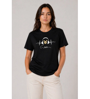 Kadın Müzik Temalı Baskılı Tişört Bisiklet Yaka Kısa Kol T-Shirt - Siyah