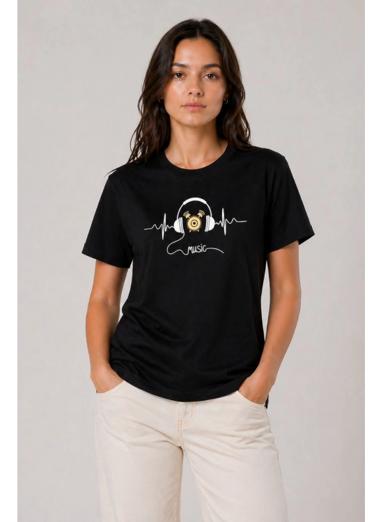 Kadın Müzik Temalı Baskılı Tişört Bisiklet Yaka Kısa Kol T-Shirt - Siyah Kadın Müzik Temalı Baskılı Tişört Bisiklet Yaka Kısa Kol T-Shirt - Siyah