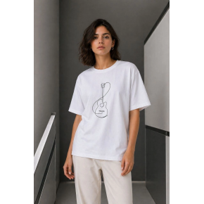 Kadın Minimal Gitar Baskılı Tişört T-Shirt Yazlık Kısa Kol Bisiklet Yaka T-Shirt  - Beyaz