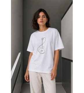Kadın Minimal Gitar Baskılı Tişört T-Shirt Yazlık Kısa Kol Bisiklet Yaka T-Shirt  - Beyaz