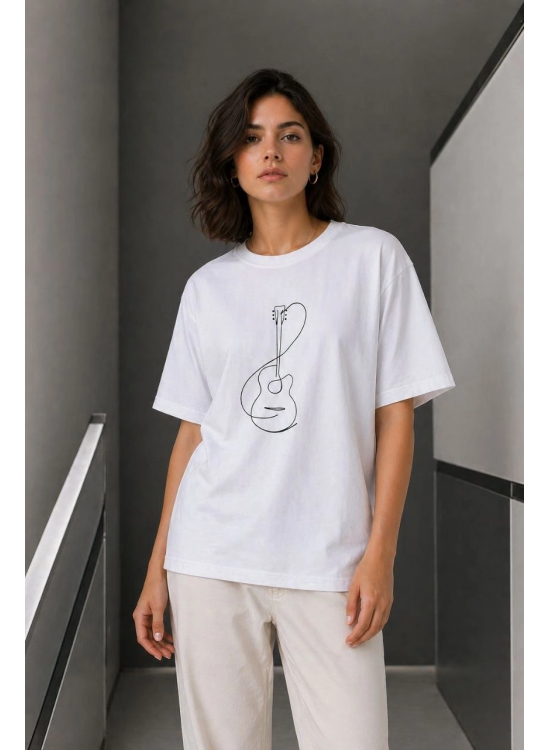 Kadın Minimal Gitar Baskılı Tişört T-Shirt Yazlık Kısa Kol Bisiklet Yaka T-Shirt - Beyaz Kadın Minimal Gitar Baskılı Tişört T-Shirt Yazlık Kısa Kol Bisiklet Yaka T-Shirt - Beyaz