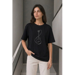 Kadın Minimal Gitar Baskılı Tişört T-Shirt Yazlık Kısa Kol Bisiklet Yaka T-Shirt - Siyah