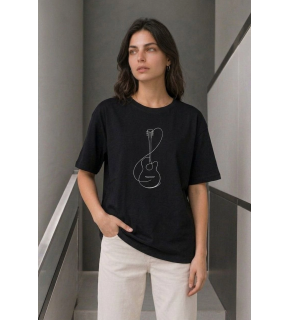 Kadın Minimal Gitar Baskılı Tişört T-Shirt Yazlık Kısa Kol Bisiklet Yaka T-Shirt - Siyah