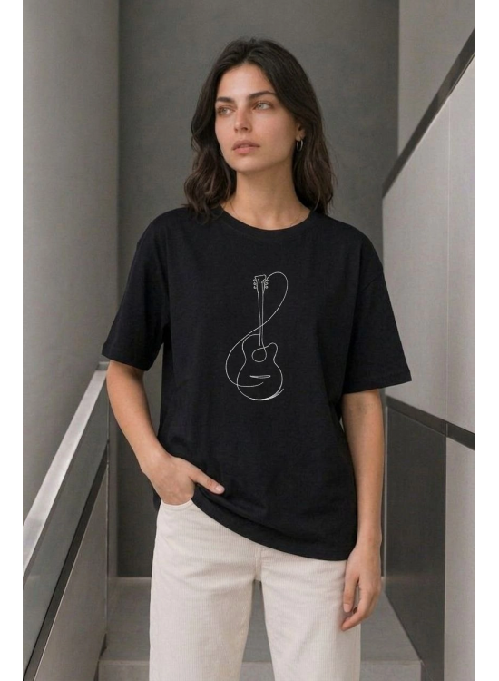 Kadın Minimal Gitar Baskılı Tişört T-Shirt Yazlık Kısa Kol Bisiklet Yaka T-Shirt - Siyah Kadın Minimal Gitar Baskılı Tişört T-Shirt Yazlık Kısa Kol Bisiklet Yaka T-Shirt - Siyah