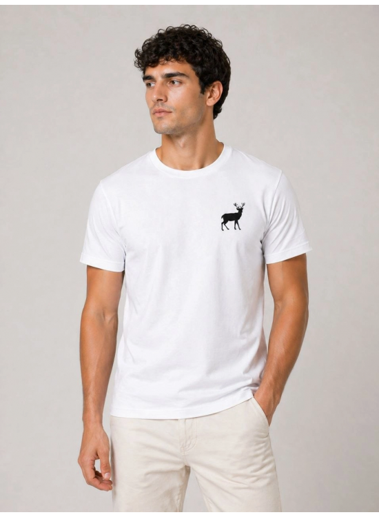Erkek Minimal Geyik Logolu Tişört Bisiklet Yaka Kısa kol Yazlık T-Shirt - Beyaz
