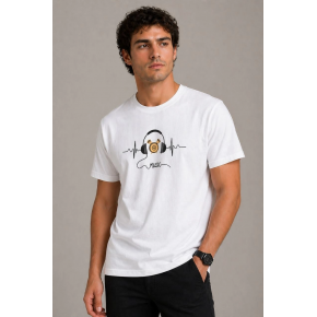 Erkek Müzik Temalı Baskılı Tişört Bisiklet Yaka Kısa Kol T-Shirt - Beyaz