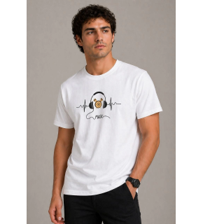 Erkek Müzik Temalı Baskılı Tişört Bisiklet Yaka Kısa Kol T-Shirt - Beyaz