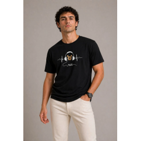 Erkek Müzik Temalı Baskılı Tişört Bisiklet Yaka Kısa Kol T-Shirt - Siyah